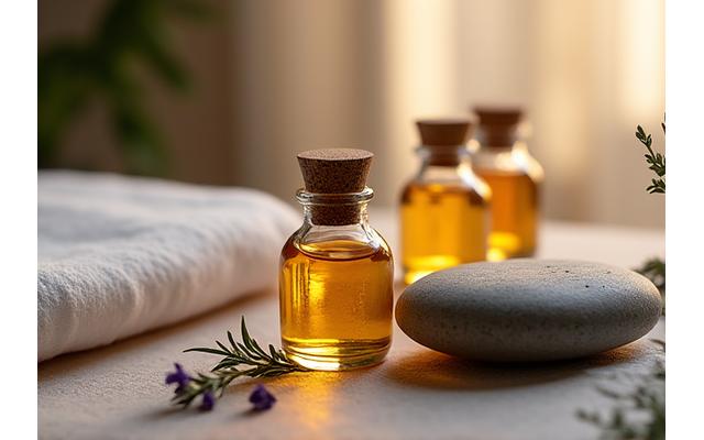 Flacons d'huiles essentielles et pierres chaudes pour l'aromathérapie et les soins énergétiques.