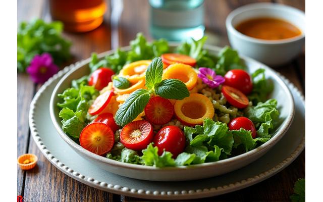 Aliments frais et sains disposés artistiquement sur une table avec des ustensiles d'analyse en arrière-plan.
