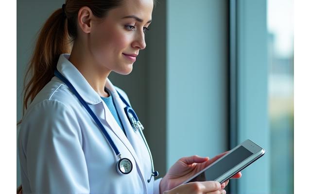 Un médecin examinant des bilans de santé sur une tablette dans un environnement spa moderne.