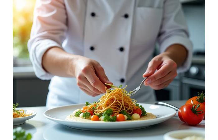 Un chef cuisinier préparant un plat gourmet et sain avec des ingrédients frais.
