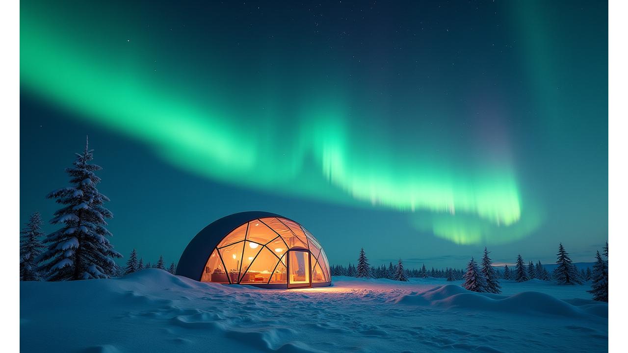Igloo en verre sous des aurores boréales vertes et roses