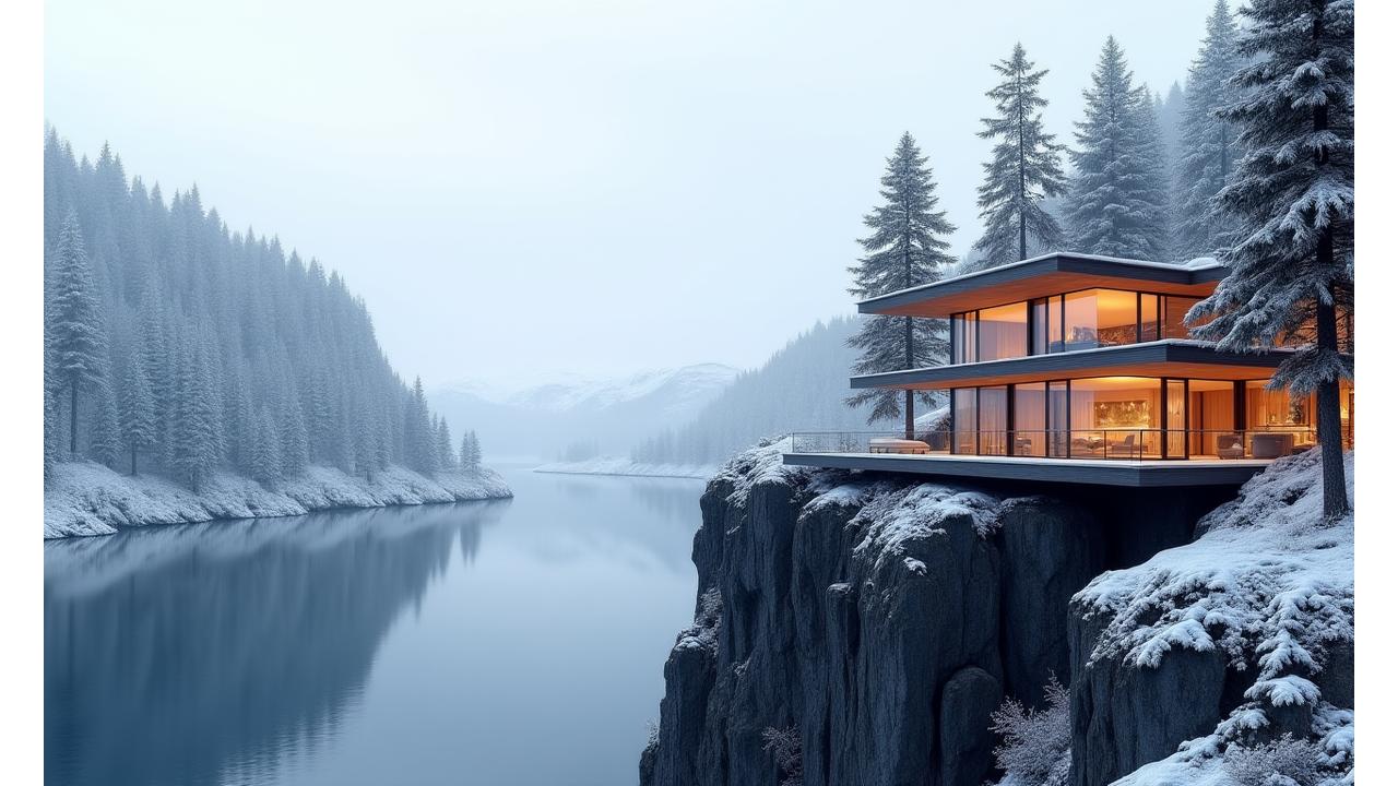 Lodge de luxe moderne avec grandes fenêtres donnant sur un fjord enneigé