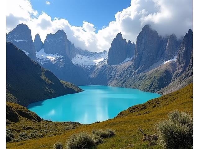 Paysage de Patagonie avec montagnes enneigées et un lac turquoise