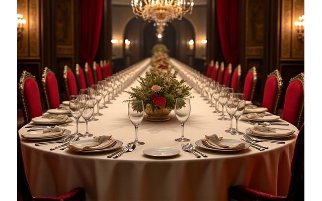 Un dîner élégant mis en scène dans un décor de film historique, par exemple un salon d'époque ou une salle de bal somptueuse.