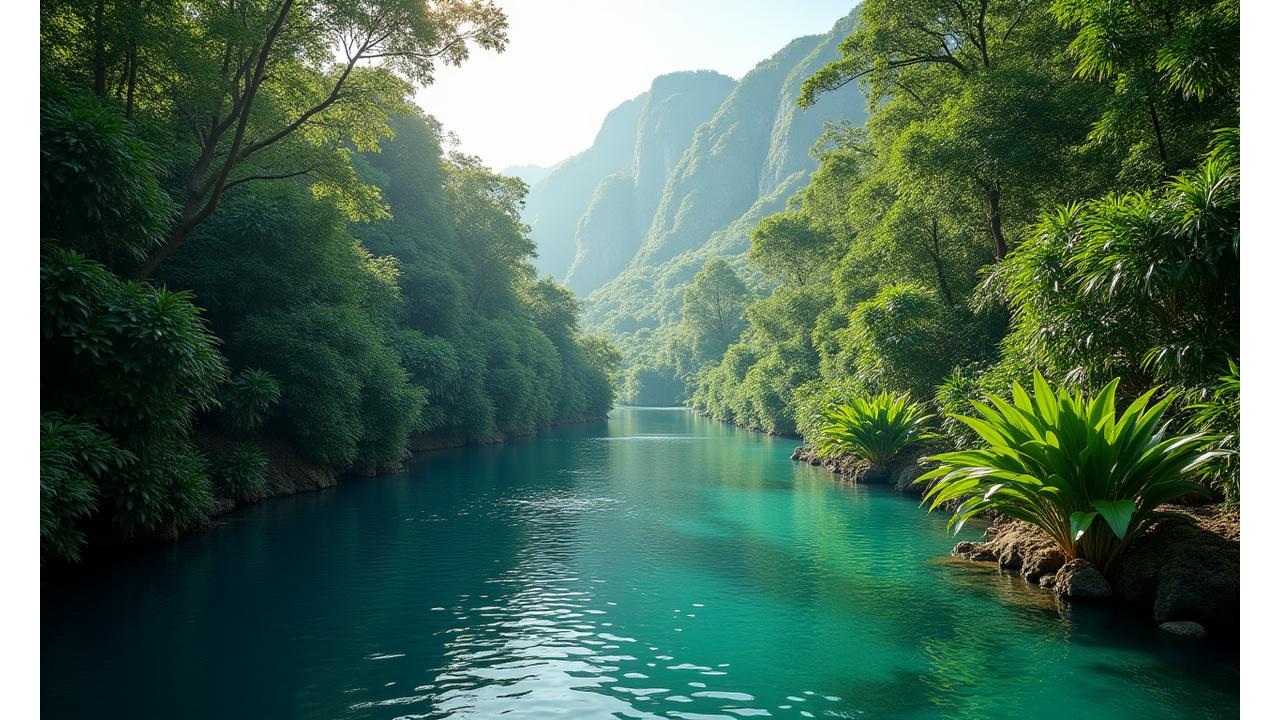 Vue aérienne d'une forêt luxuriante et d'une rivière cristalline, symbolisant la nature préservée et le voyage respectueux de l'environnement.